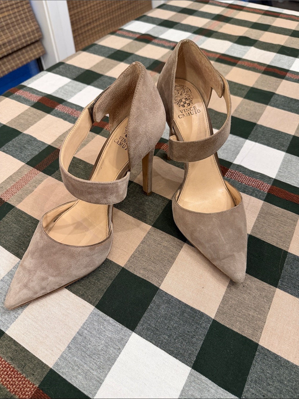 Vince Camuto Taupe Suede Pointed-Toe Ankle-Strap Pumps